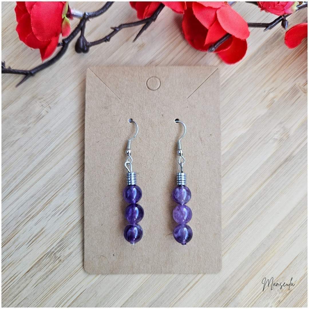 Boucles d'oreilles en Pierres naturelles Hématite et Améthyste (8mm).