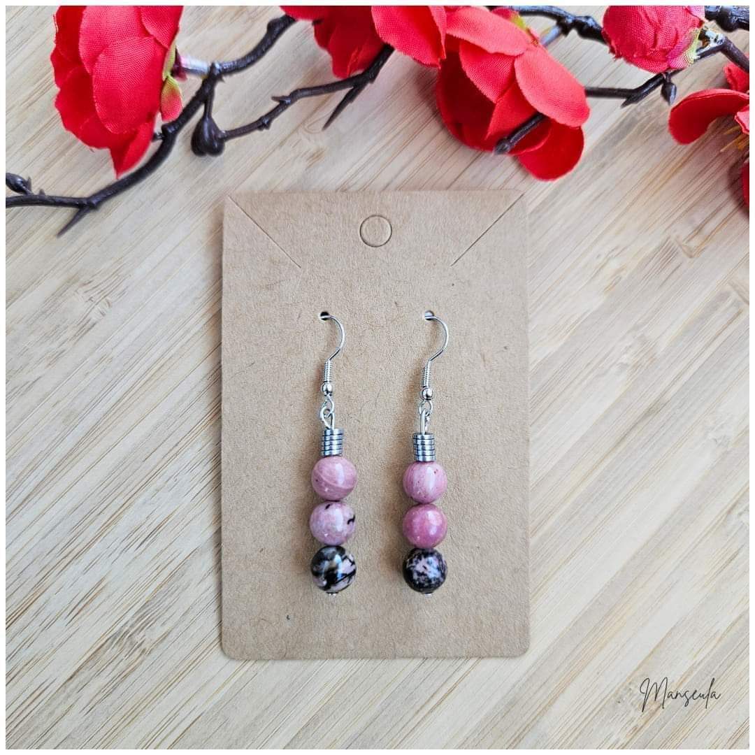 Boucles d'oreilles en pierres naturelles Hématite et Rhodonite (8mm).