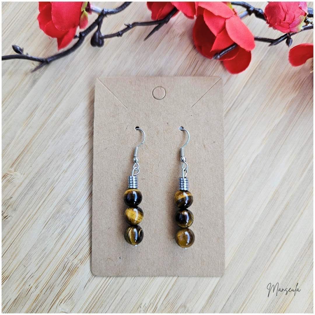 Boucles d'oreilles en Pierres naturelles Oeil de tigre et Hématite (8mm).