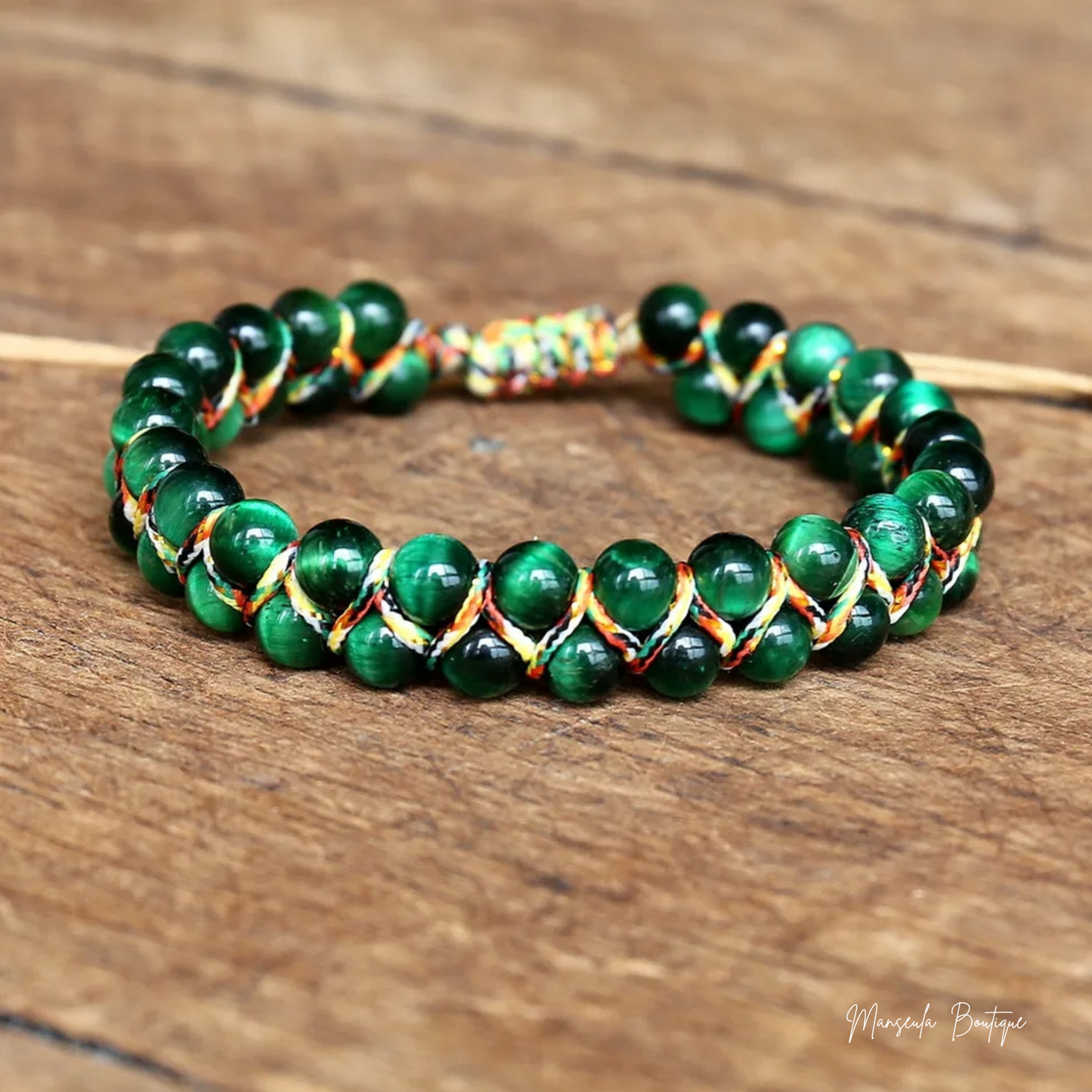 Bracelet tressé en pierres naturelles Oeil de tigre vert (6mm)