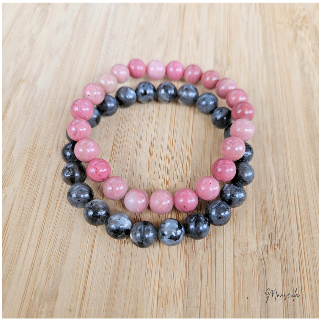 Ensemble de bracelets en pierres naturelles Rhodochrosite et Labradorite noire (8mm).