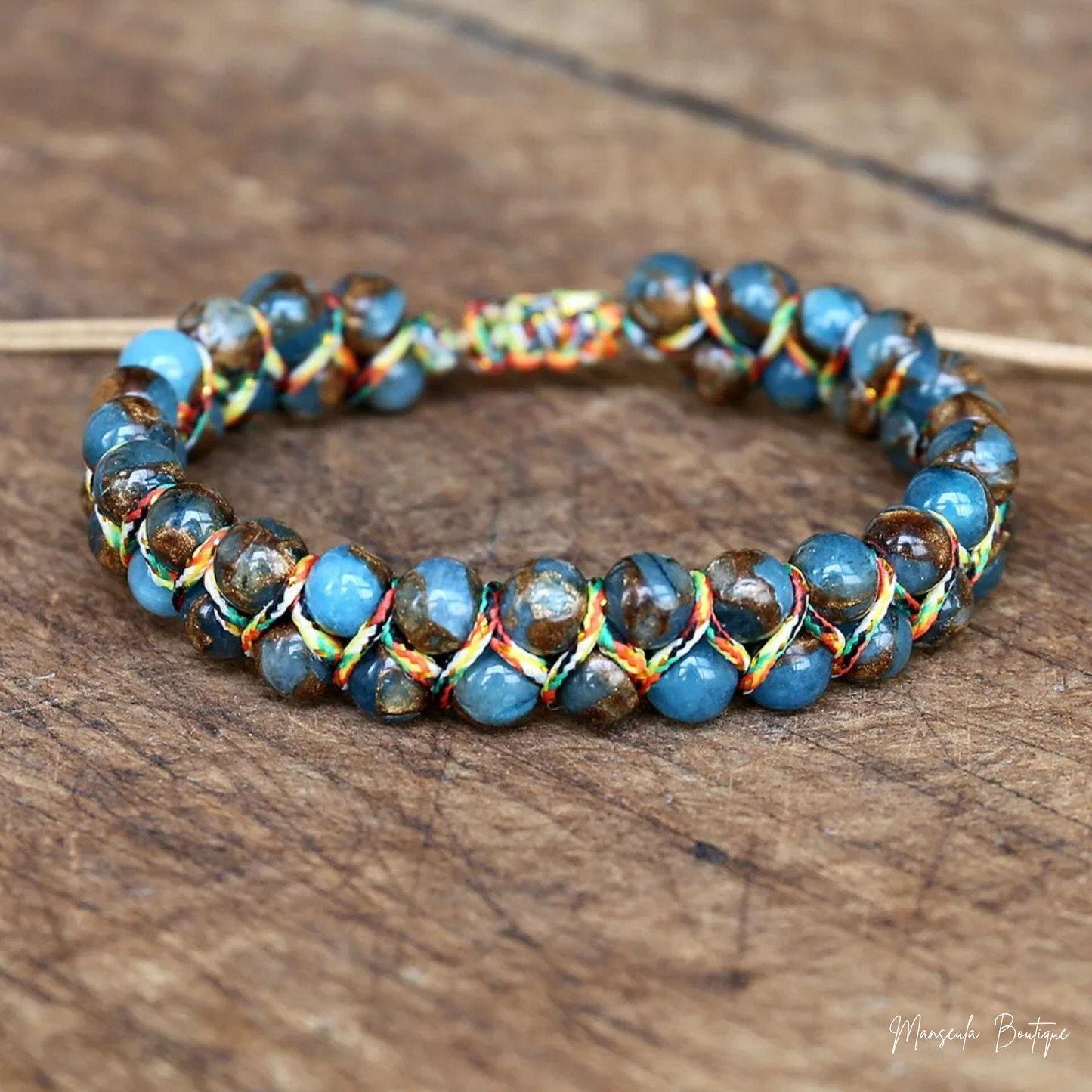 Bracelet tressé en pierres naturelles Jaspe bleu lac cloisonné (6mm)